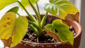 Philodendron plant with yellow leaves and brown edges in a pot