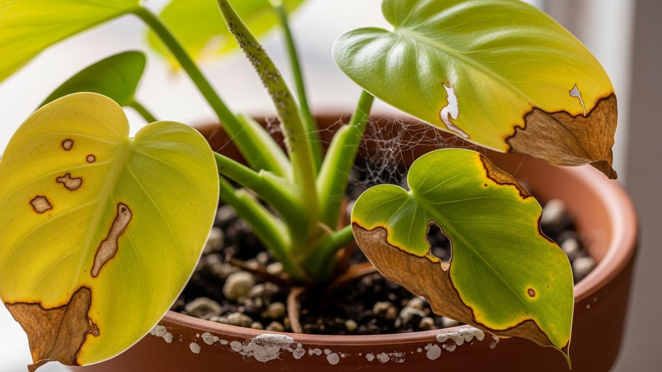 Philodendron plant with yellow leaves and brown edges in a pot