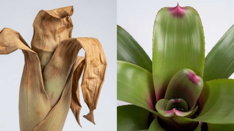 Comparison of healthy and unhealthy bromeliad leaves showing common problems.