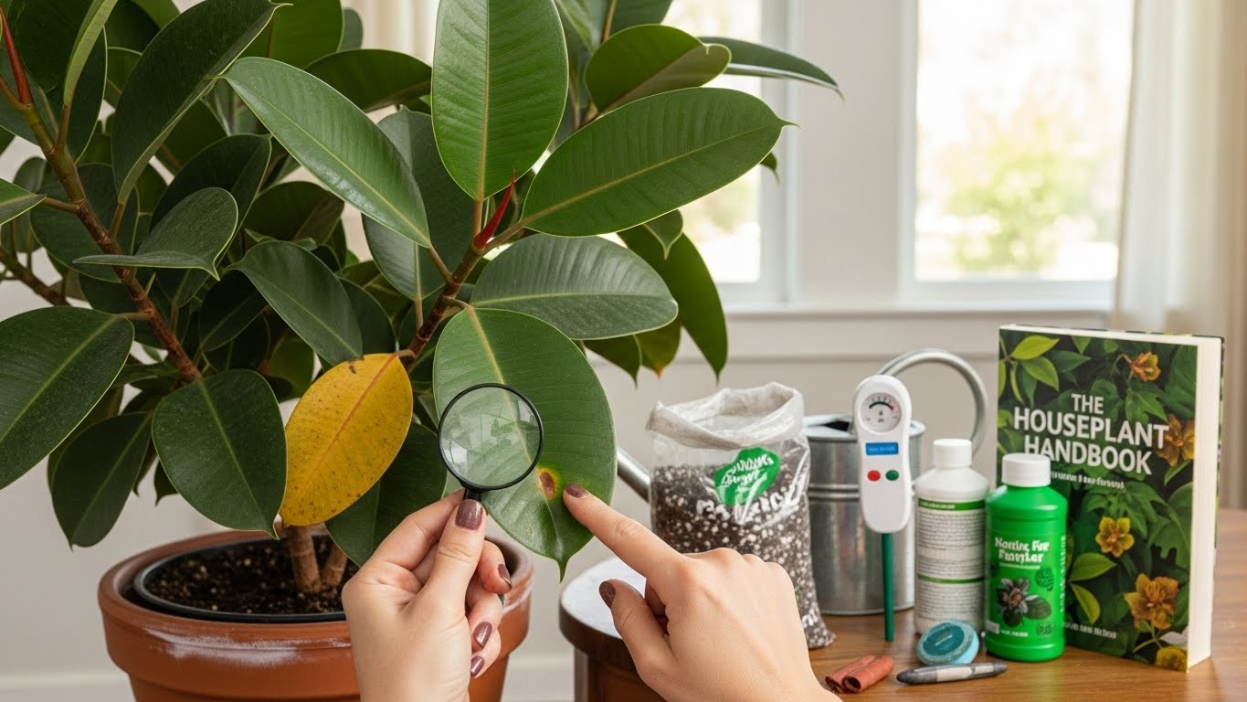 Close-up of rubber plant with brown spot and gardening tools for problem-solving
