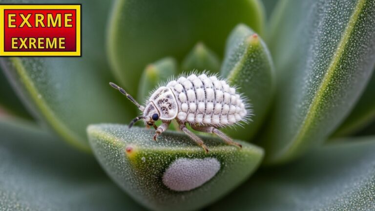 Close-up of a mealybug pest on a succulent plant leaf.