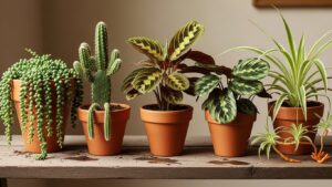 Variety of houseplants in terracotta pots on a wooden shelf.