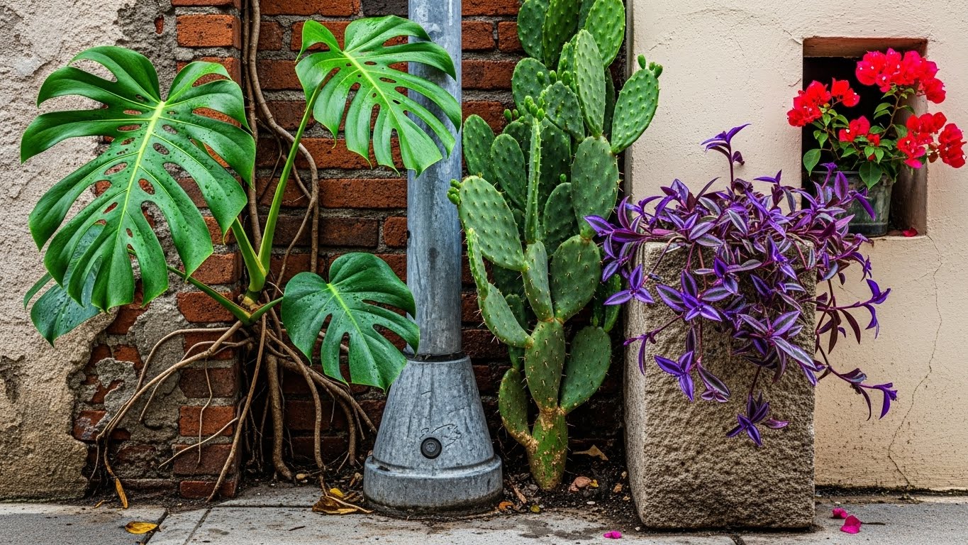 Vibrant plants in small urban space with monstera, cactus, and flowers
