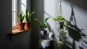 Compact low light plants on windowsill and hanging planter indoors