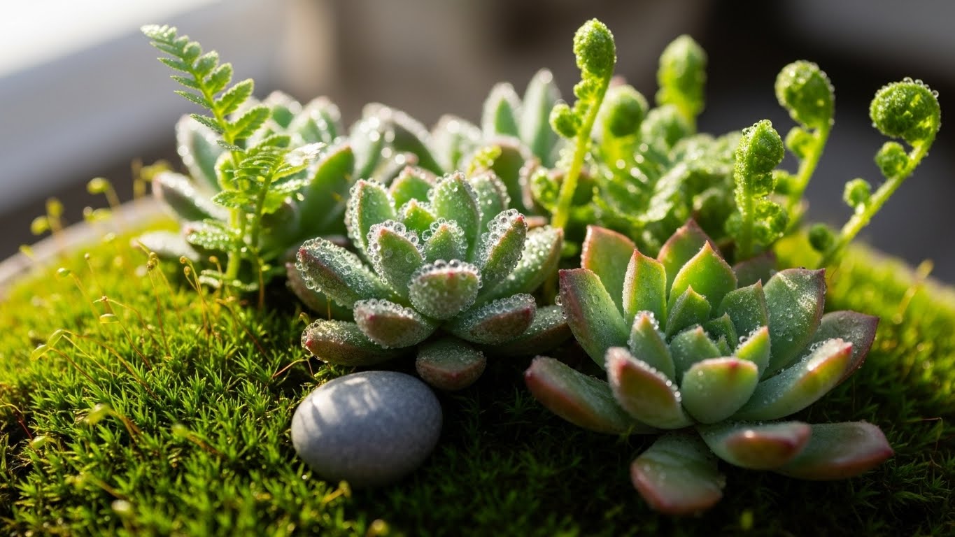 Succulents and ferns with dew on mossy surface in medium-light