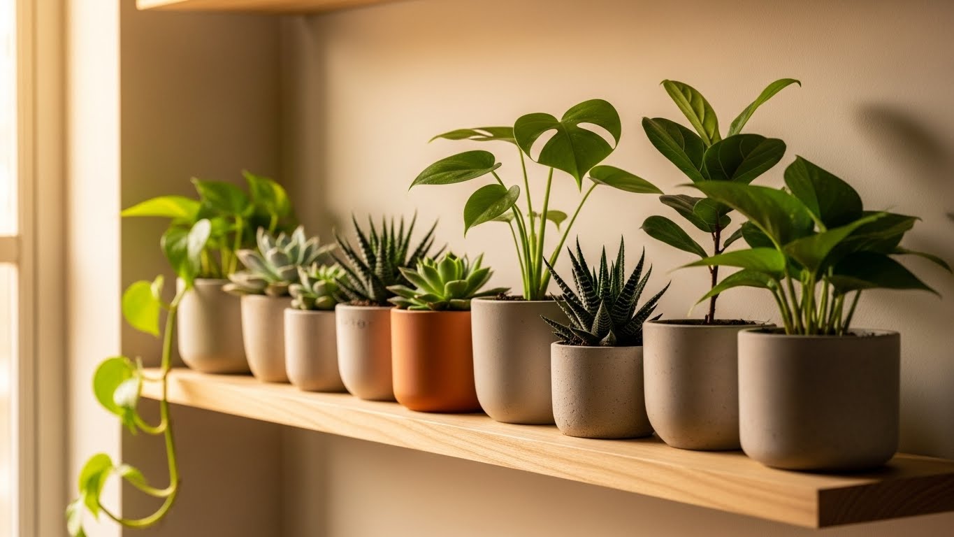 Compact indoor plants on a wooden shelf in a small apartment with natural light