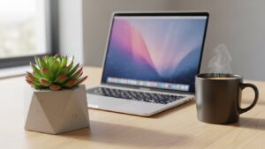 Compact succulent on a desk beside a laptop and coffee mug, ideal for workspace decor.