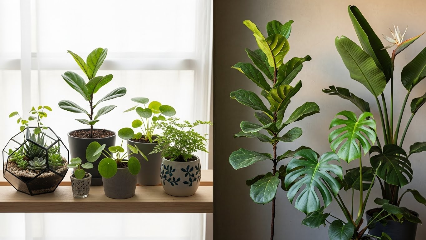 Compact and statement plants on a shelf and a floor, highlighting choice for small and large spaces