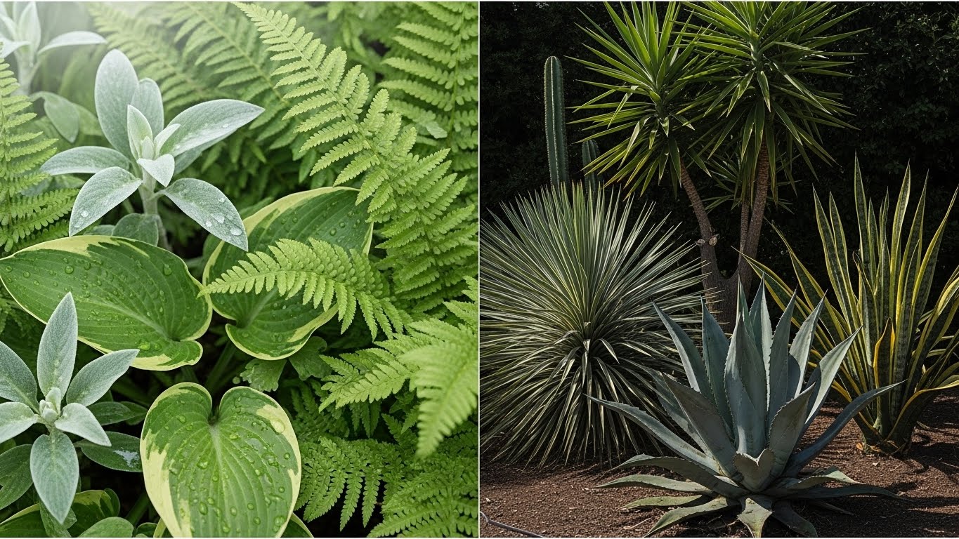 Comparison of leafy and structural plant types in a garden setting
