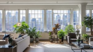 Bright New York City apartment with lush indoor plants against a skyline backdrop