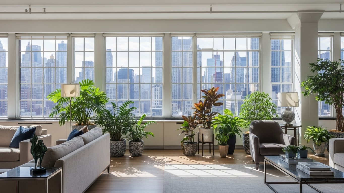 Bright New York City apartment with lush indoor plants against a skyline backdrop