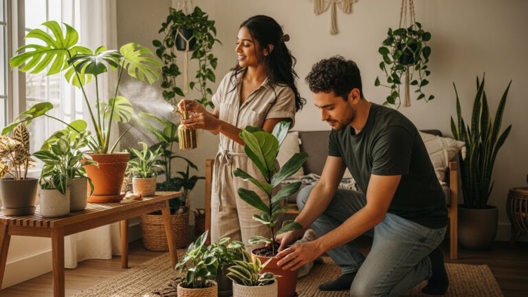 Couple tending to indoor plants together in sunlight for shared plant duty article