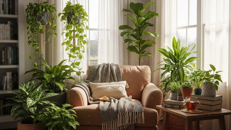 Cozy reading nook with plants and a plush armchair by a window