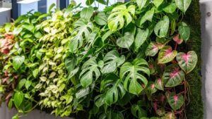 Lush green philodendron wall with various leaf shapes for home decor