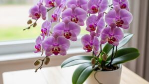 Vibrant purple orchids in a bright indoor setting, perfect for a baby spider plant wall.