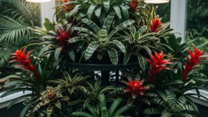 Vibrant bromeliads in a mini indoor jungle showcasing lush greenery and colorful blooms.