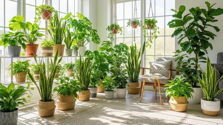 Indoor jungle with various houseplants in sunlight-filled room