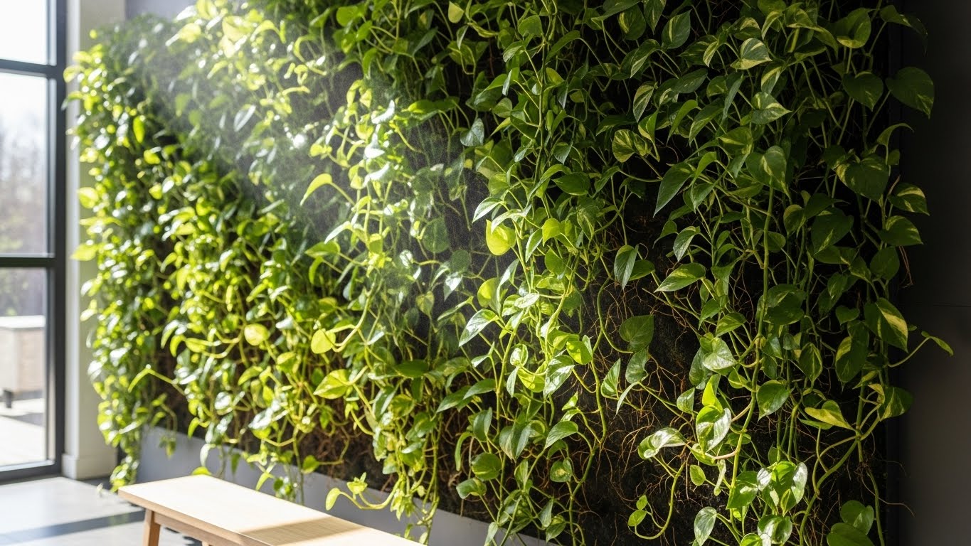 Lush pothos wall with vibrant green leaves in modern room