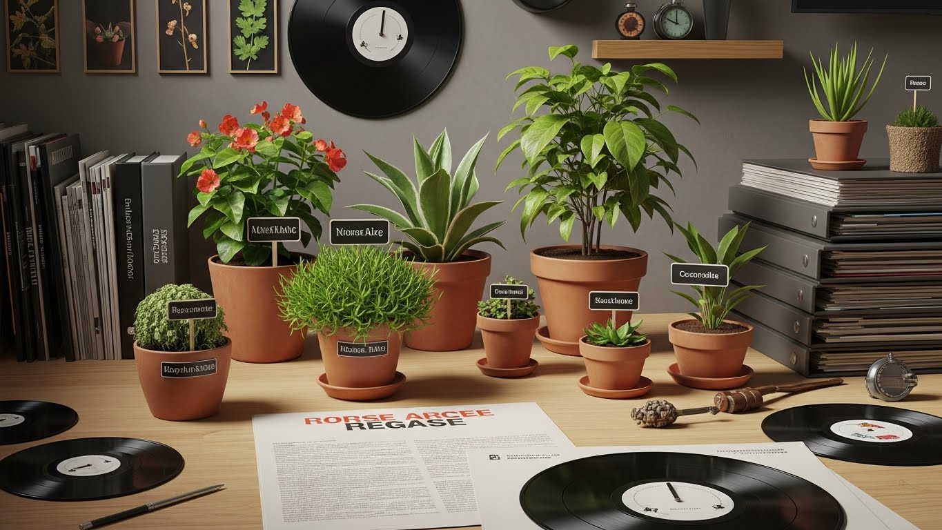 Creative display of rare plants in terracotta pots on a desk with records and books