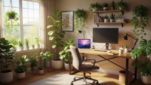 Stylish home office with indoor plants and modern desk setup.