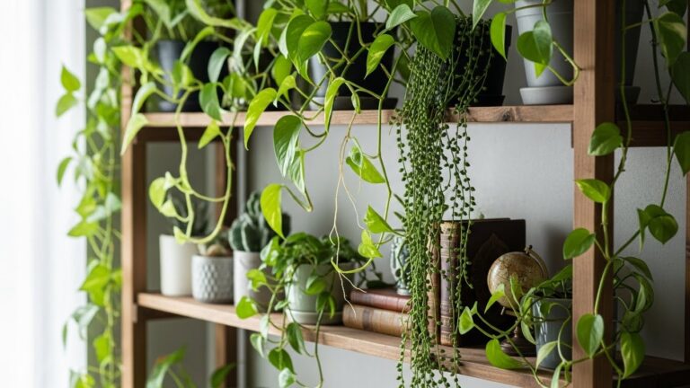 Open shelves with vining plants and decor for balance and flow