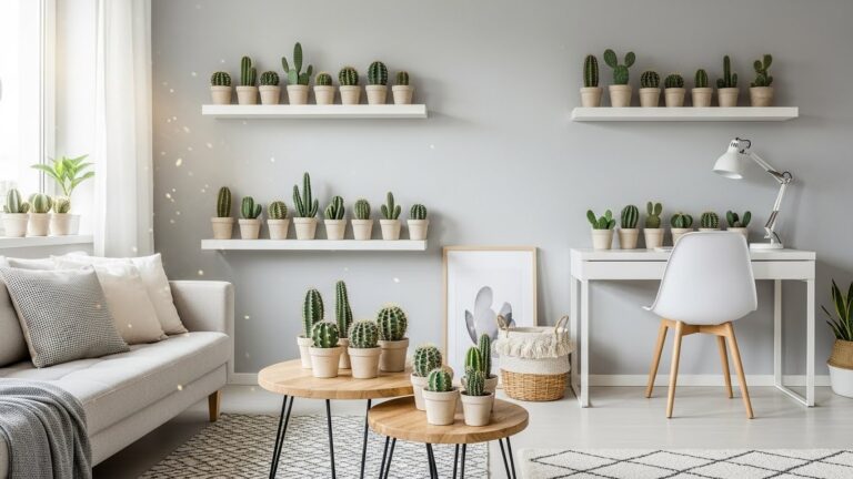 Stylish small apartment decorated with mini cactus sets on shelves and tables.