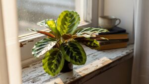 Calathea plant on rustic windowsill surrounded by books and a mug
