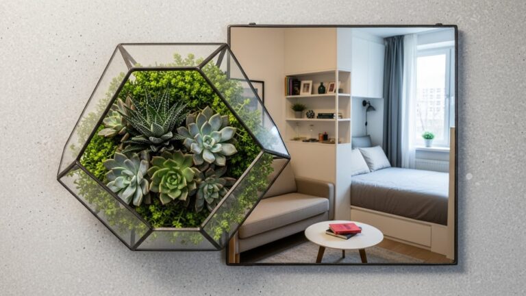 Creative succulent clusters in a stylish small bedroom for effective space decorating.