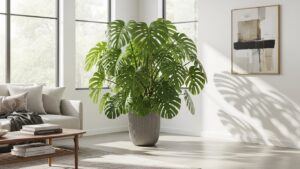 Modern living room with large Monstera plant and abstract art