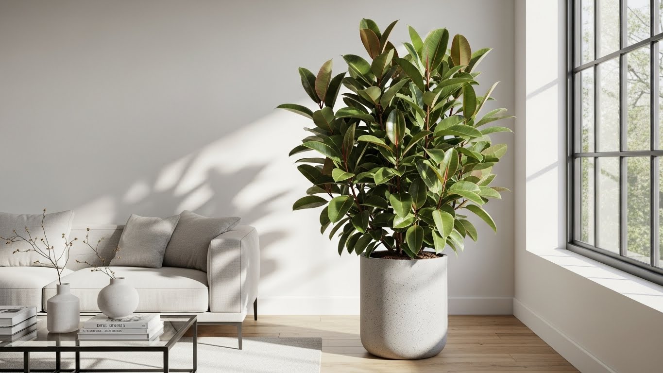 Stylish living room with large rubber plant in bright natural light
