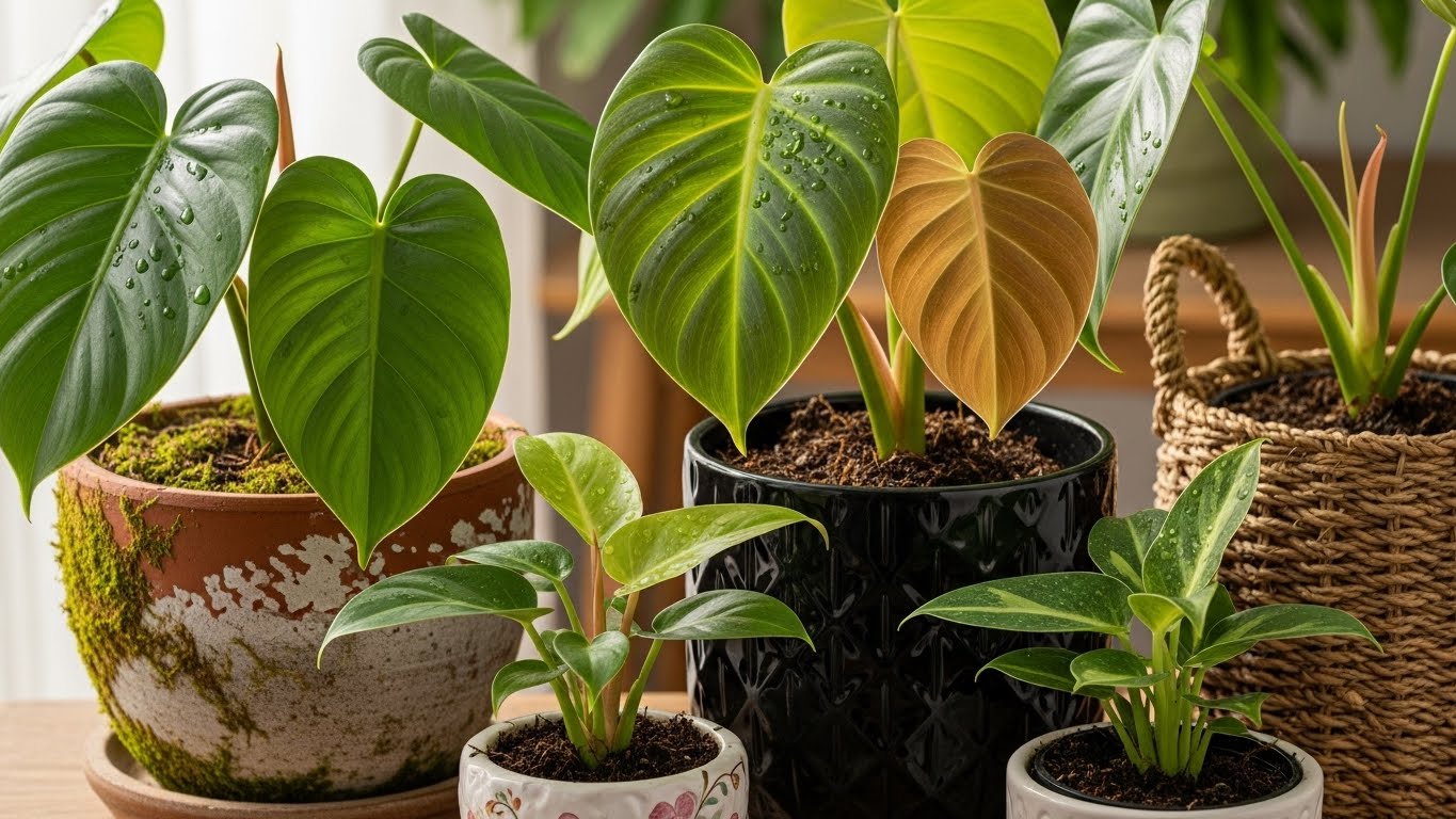 Decorative planters displaying philodendrons with diverse textures.