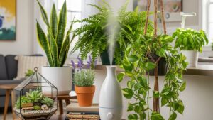 Indoor plants and humidifier on a wooden table, enhancing home decor and air quality