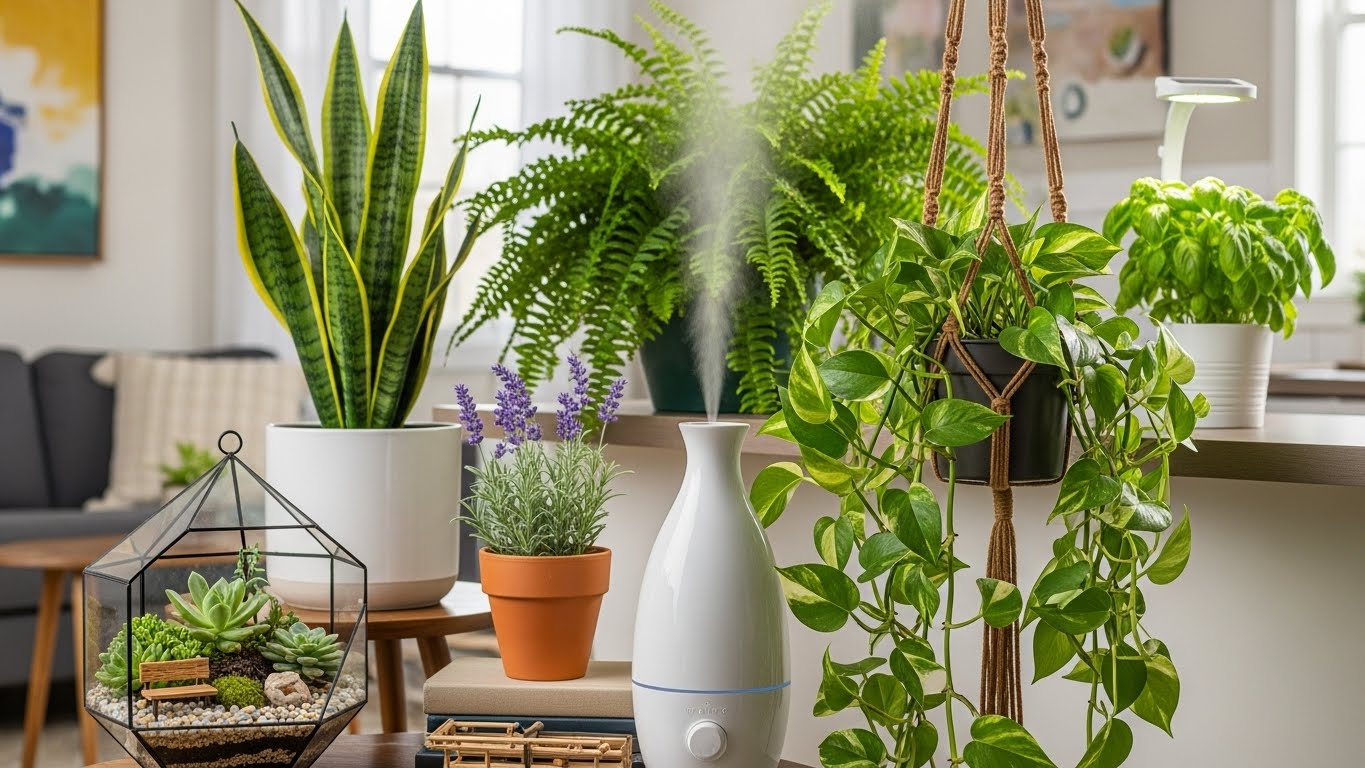 Indoor plants and humidifier on a wooden table, enhancing home decor and air quality