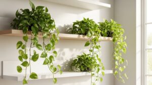 Healthy pothos plants cascading on shelves in bright light