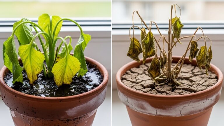 Overwatered vs underwatered plants in pots, showing wilted leaves.