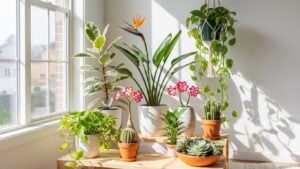 Modern living room with various direct sun plants near window