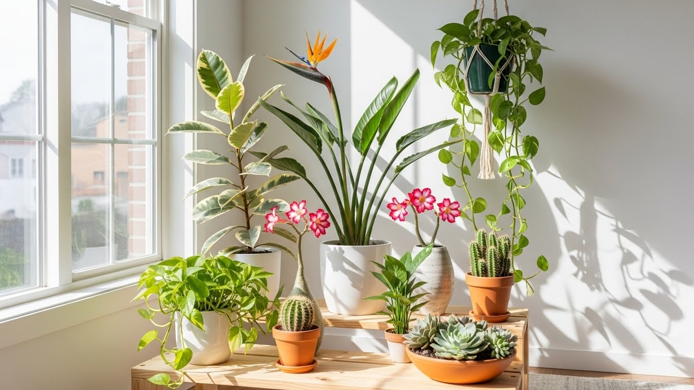 Modern living room with various direct sun plants near window