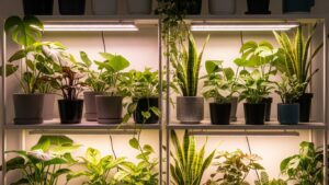Budget-friendly indoor plants on shelves with LED lights for direct sunlight exposure