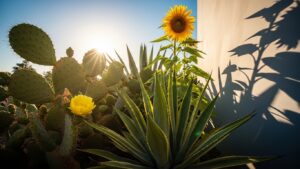 Sunlit cactus, agave, and sunflower in garden suitable for south-facing windows.