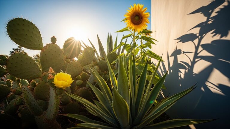Sunlit cactus, agave, and sunflower in garden suitable for south-facing windows.