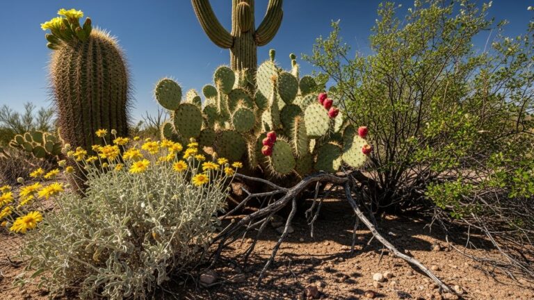 Cactus and desert plants thriving in direct sun, showcasing summer heat resilience