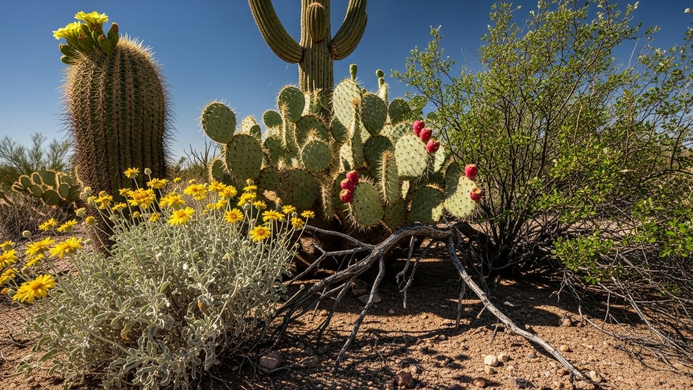 Cactus and desert plants thriving in direct sun, showcasing summer heat resilience