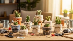 DIY mini cactus arrangements on a wooden table with gardening tools, perfect for decor or gifts