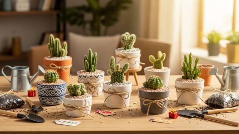 DIY mini cactus arrangements on a wooden table with gardening tools, perfect for decor or gifts