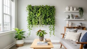 Lush vertical garden wall with green plants in a modern apartment setting