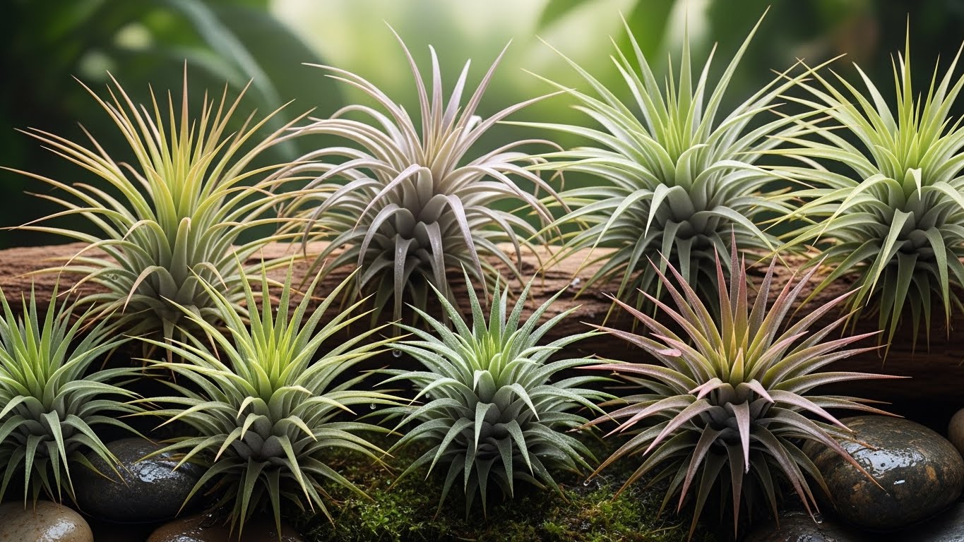 Air-purifying plants on a log, surrounded by rocks and green foliage