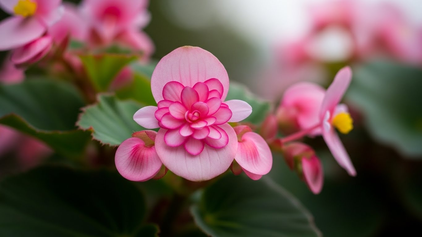 Close-up of pink begonia flowers blooming indoors.