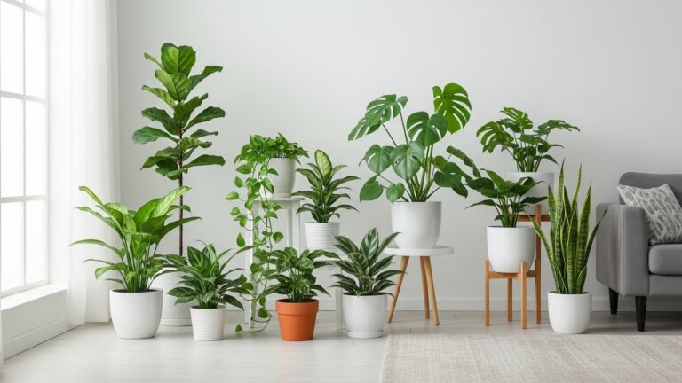 Indoor houseplants arranged in white pots by a sunny window.
