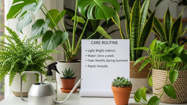 Indoor plants with a care routine sign highlighting watering and feeding schedule