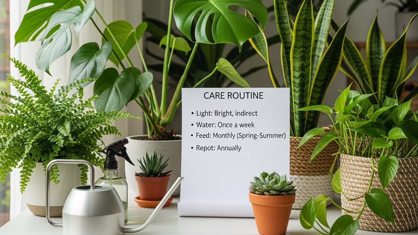 Indoor plants with a care routine sign highlighting watering and feeding schedule